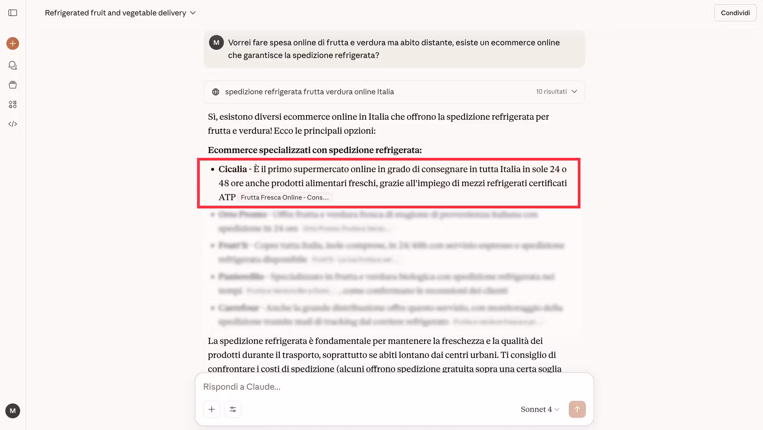 Perplexity cita Cicalia come supermercato online con consegna refrigerata
