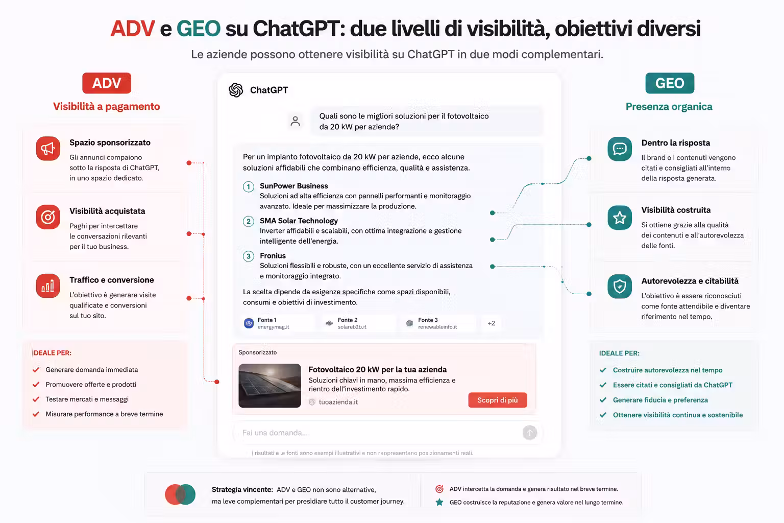 Differenze tra ChatGPT Ads e GEO: visibilità sponsorizzata accanto alla risposta e presenza organica all'interno delle risposte di ChatGPT