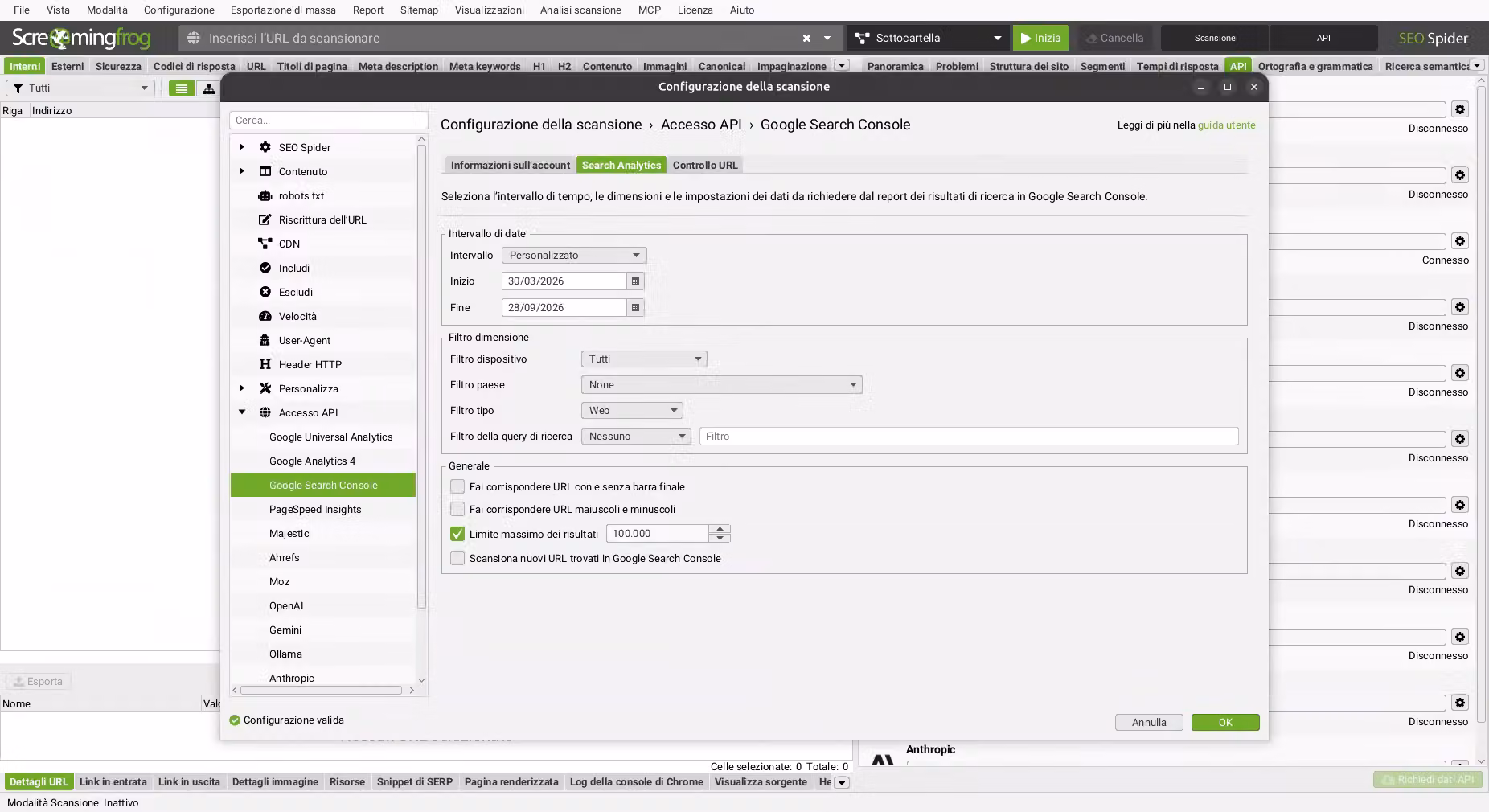 collegamento api screamingfrog google search console