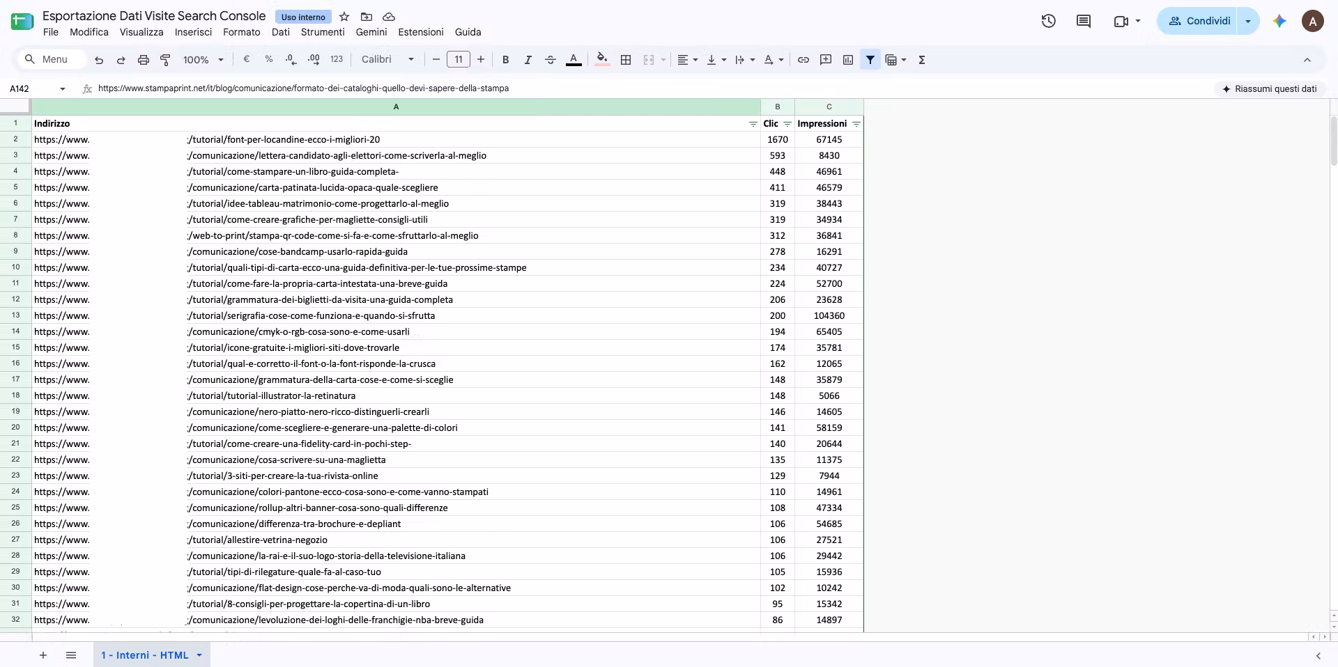 esportazione dati visite screamingfrog search console