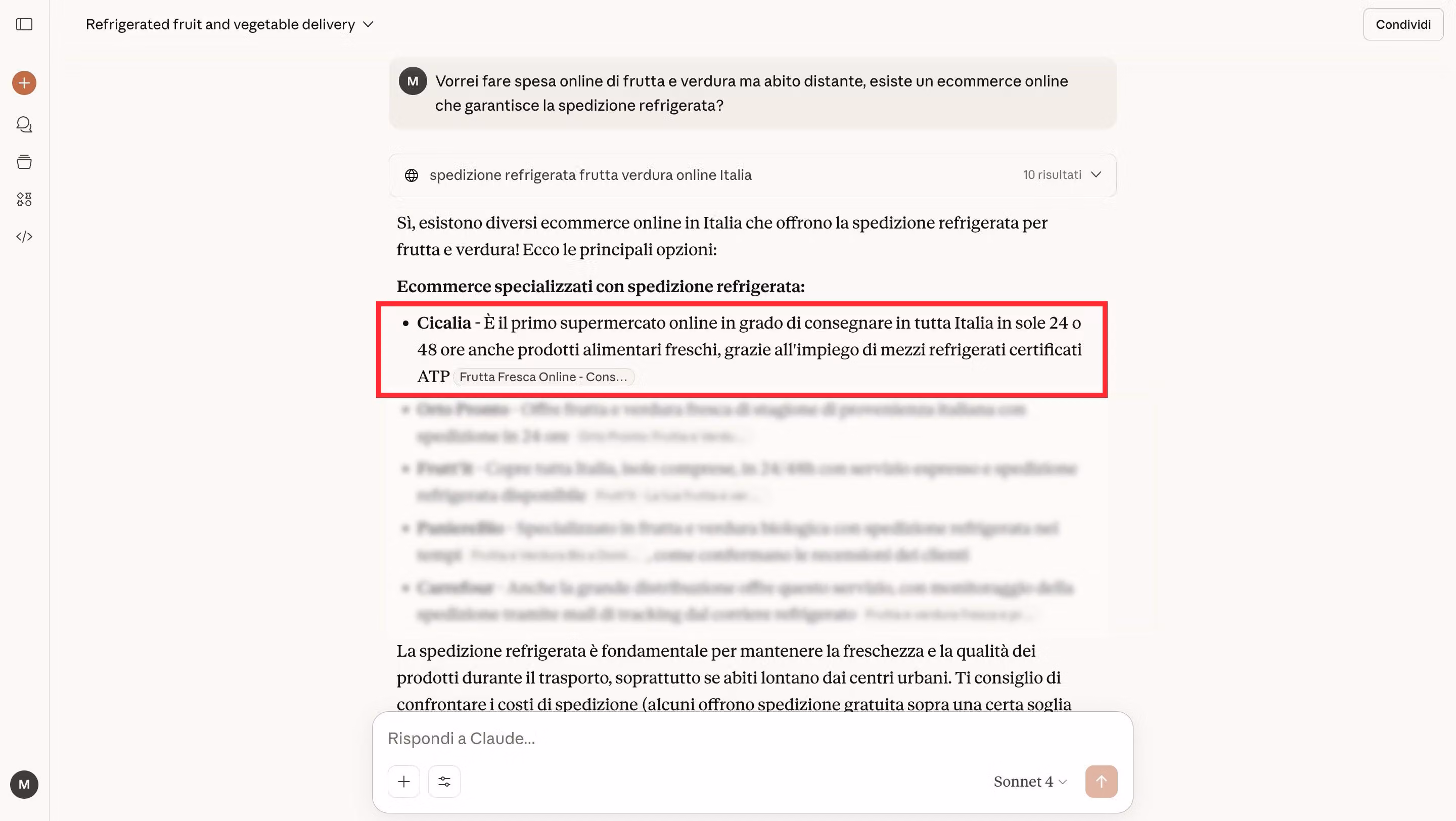 Perplexity cita Cicalia come supermercato online con consegna refrigerata